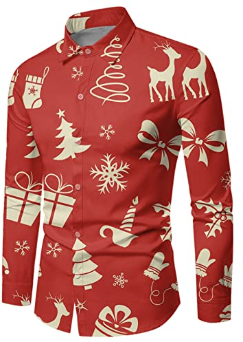 Weihnachtsshirt Herren, Regular Fit Flanellhemd Button Down Businesshemd Adventskalender 2023 Pullover Ugly Christmas Strandshirts Weihnachts Muster Freizeithemd Long Sleeve Hemd Urlaub Karohemd