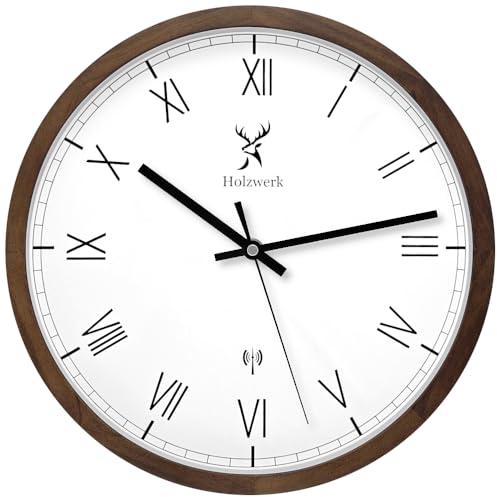 Holzwerk Germany Natur Holz Funkwanduhr Funk Wanduhr Holz-Uhr Vintage Funkuhr lautloses Uhrwerk ohne Tickgeräusche römische Ziffern Braun Weiß lautlos aus handgefertigtem Massivholz Natur Holz 30 cm