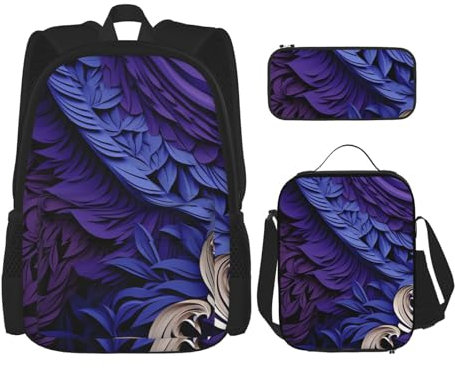 OUSIKA Purple Background Abstract Elements 3 Pcs Print Backpack Sets Casual Daypack with Lunch Box Pencil Case for Women Men, Black