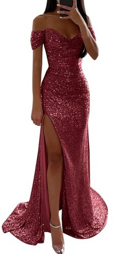 Women's Prom Dress Party Dresses for Women UK Sequin Maxi Dress Off Shoulder Short Sleeve Floor Length EveningSequins Side Slit Wedding Guest Evening PartyCocktail Prom Ball Gowns Red