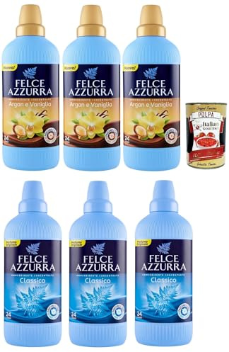 Italian Gourmet Ammorbidente Konzentrat Testpaket 6 x 900ml 24 Wäschen Mix | Profumi Classico, Argan e Vaniglia; sinnliche Frische für weiche Textilien, Gesamtnettogewicht 5,4 L + Kostenlos Polpa 400g