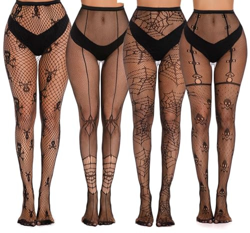 MisFun Medias Halloween Mujer, Cintura Alta Medias de Rejilla Pantimediases Elástico Negro, Mujeres Sexy Elástico Mediases Con patrón Impreso, para Halloween, Carnaval, Fiesta Temática