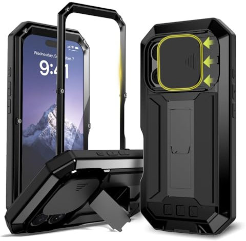 Compatible for iPhone 16 Pro 5G Case, Aluminum Metal Gorilla Glass Shockproof Military Heavy Duty Sturdy Protector Cover Hard Case with Sliding Camera Cover & Screen Protector & Kickstand (Black)