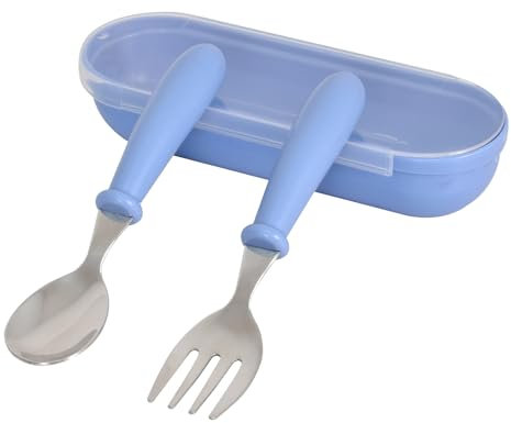 Cleminsta Kinderbesteck, Baby Besteckset Edelstahl Kinderbesteck ab 1 Jahr Esslernbesteck mit Rundem Griff, Kinder Löffel Gabel Set mit Aufbewahrungsbox für Baby Kleinkind, BPA Frei Lernbesteck (Blau)