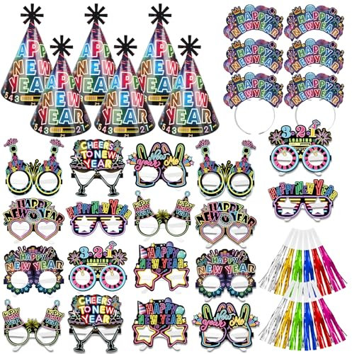 DPKOW 42 STK 2025 Silvester Accessoires Neon, Haarreif Silvester Partyhüte Brillen Silvester Partytröten Kopfschmuck für Neujahr 2025 Silvester Party Zubehör Gadget Neon Silvester Foto Requisiten