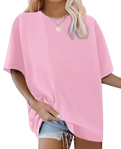 florynova Womens Tops Summer Oversized Tshirt Crewneck Short Sleeve Casual Blouse(Pure Pink,3XL