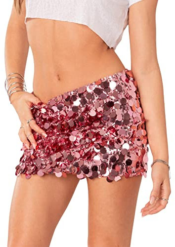 FeMereina Mini jupe à paillettes pour femme taille basse étincelante extensible moulante soirée soirée, rose, S