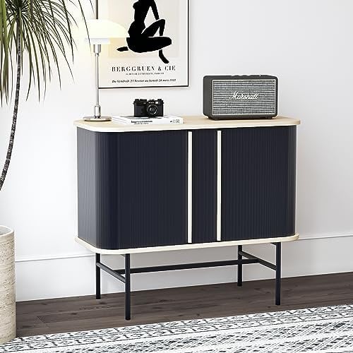 roomfitters Aparador con puertas correderas, moderno armario zapatero con puerta corredera, armario auxiliar con persianas, armario auxiliar para salón, cocina, color negro