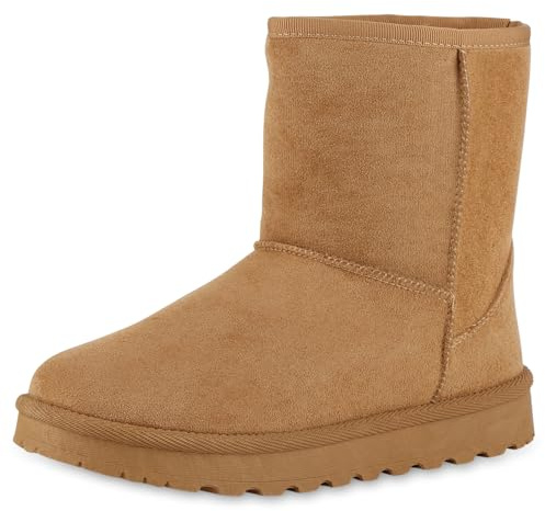 VAN HILL Damen Winter Boots Flach Profilsohle Bequem Schuhe 216506 Hellbraun 39