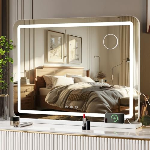 MAMIZO Schminkspiegel mit Beleuchtung, 80X62cm, Mit USB und Typ-C, Großer Hollywood Spiegel,10x-Lupe,3 Farbtemperaturen, Wandspiegel, Tischspiegel, mit Touchscreen-Steuerung, Kosmetikspiegel mit licht