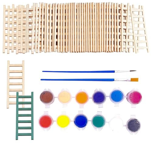 HDGSAFD Mini Escalera De 50 Piezas con 12 Colores Y 2 Cepillos, Decoración De Casa De Muñecas, Escalera De Madera, Decoración De Paisaje De Plantas En Maceta