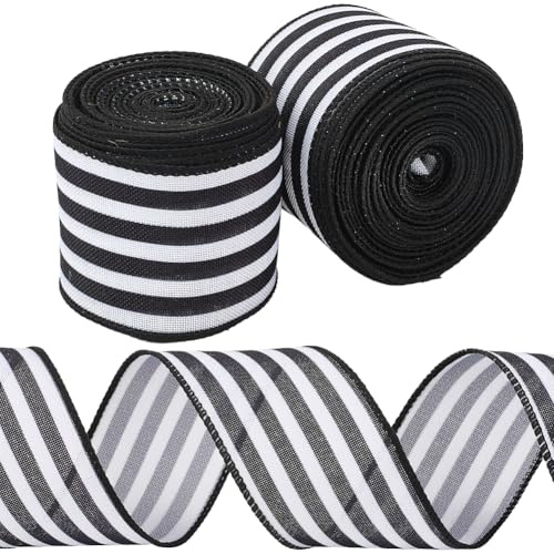 CABODYALS 2 Rolls 10M Black And White Striped Ribbon 50mm Single Face Printed Grosgrain Fabric Polyester Wide Christmas Strip Ribbons for Gifts Wrapping Wreath Garland Party Decorations Diy Craft