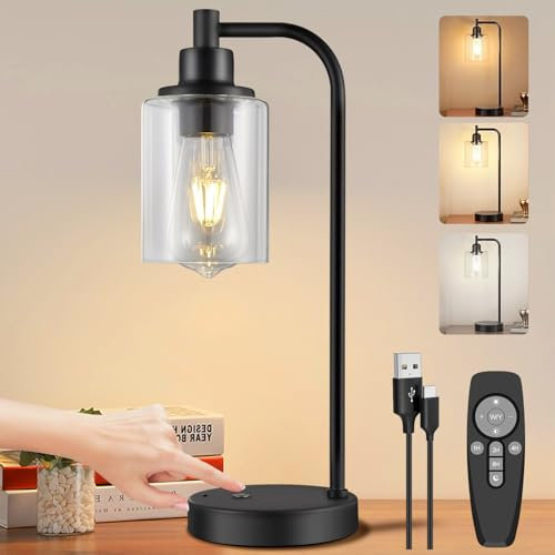 Lampada da Tavolo Senza Fili, Lampada LED Ricaricabile USB con Telecomando, Lampada da Comodino Portatile Touch Dimmerabile, Timer, Paralume in Vetro, Per Camera da Letto Soggiorno Bar, Nero