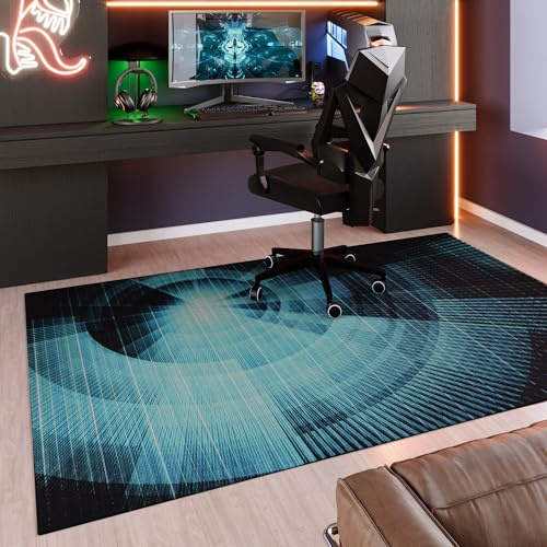 Wecon Home Cyber Swirl Kurzflorteppich, 110 x 160 cm, blau | gewebter Gamer Teppich, Futuristisches Design in Blau, rutschfest, Perfekt für dein Gaming-Zimmer