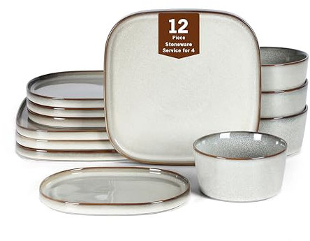 Stone Lain Geschirrset Kairo 12-teilig Steingut, Teller und Schalen Set, Mikrowellen- und Spülmaschinenfest, inklusive Speiseteller, Müslischalen, Geschirrset für 4, Grau