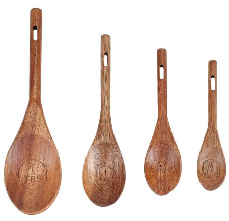 NICENEEDED Measuring Spoons Set of 4, Natural Acacia Wooden Measuring Scoons, Long Handle Small Tablespoons Measuring, Kitchen Cooking Measuring for Dry Ingredients