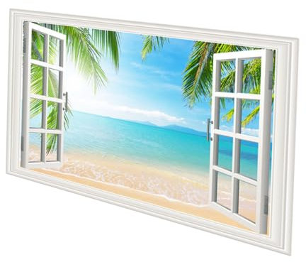 Tofficu 3D Window Wall Stickers Fake Artificial Palm Trees Decal Beach Scene for Boys and Girls Room Living Space