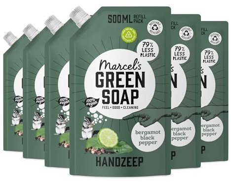 Marcel's Green Soap - Handseife Schwarzpfeffer & Bergamot Nachfüllung - Nachfüllpackung für Handwäsche - Vegan - 97% biologisch abbaubar - 3000 ml, 500 ml (6er-Pack)