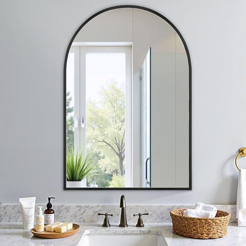 Warmiehomy Black Bathroom Mirror Arched Wall Mirror with Metal Frame Home Decor for Hanging Hallway Bath Living Room Bedroom 50 x 70cm