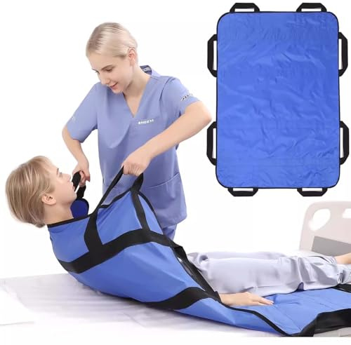 Transferboard für Patientenlifter, Gleittuch für Bettlägerige mit 8 Griffe, Blau Patiententransferbrett 120 x 100 cm, Wiederverwendbar Gleitmatte Pflege, Gleitlaken Patienten Senioren