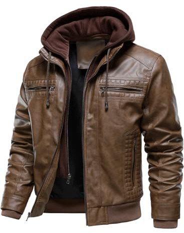 HOOD CREW Men's PU Leather Jacket with Detachable Cap - Windproof, Warm & Multifunctional Waterproof, Multiple Pockets