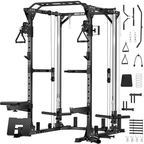 JEEKEE Power Cage,2000lbs Multi-Function Squat Rack, 2000lbs Power Rack with Cable Crossover System and 20+ Attachments, Squat Rack for Home Gym