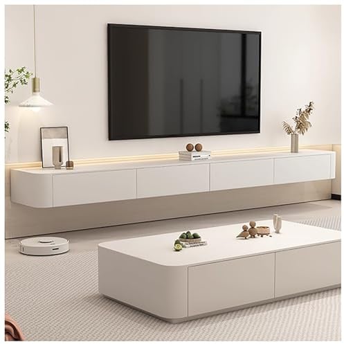 JUNFUNNLE Moderner TV Schrank 240cm Weiß, TV Lowboard mit 2 Schubladen & 2 Klappen Türen, TV Board hängend, Kabelmanagement hochwertig, TV Tisch für Wohnzimmer und Esszimmer