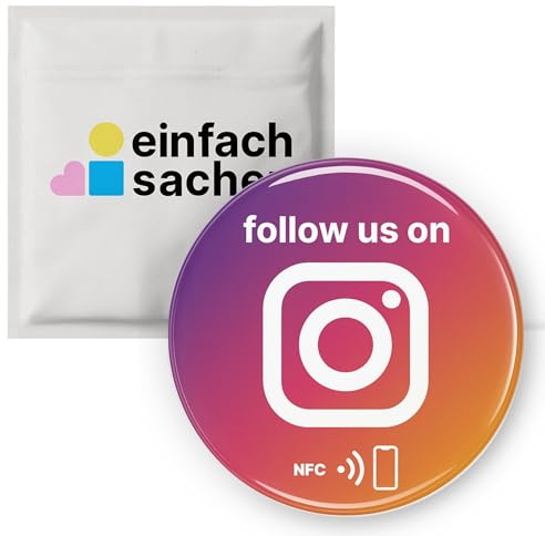 „follow us on“ Instagram NFC Sticker - runder 75 mm Epoxy-3D Aufkleber – selbst programmierbar & wiederverwendbar – sichtbarer Social Media Sticker für Tresen, Salons, Cafés & Studios