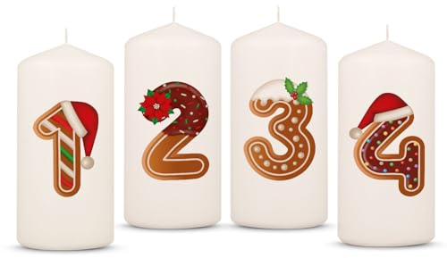 GRAVURZEILE Bedruckte Adventskerzen - Lebkuchen - Weihnachtskerze für den Adventskranz 4er Set - Dekoration zu Weihnachten - Geschenk für Sie & Ihn - Stumpenkerze 120/58 mm