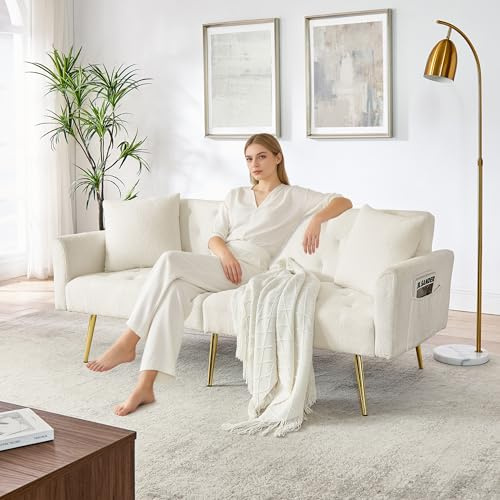 ZIDEY Sofa 2 Sitzer mit Schlaffunktion und verstellbare Rückenlehne, Klappsofa mit 2 Kissen, Bettcouch, Zweiersofa, Teddy Polstersofa für Wohnungen Wohnzimmer, Beige