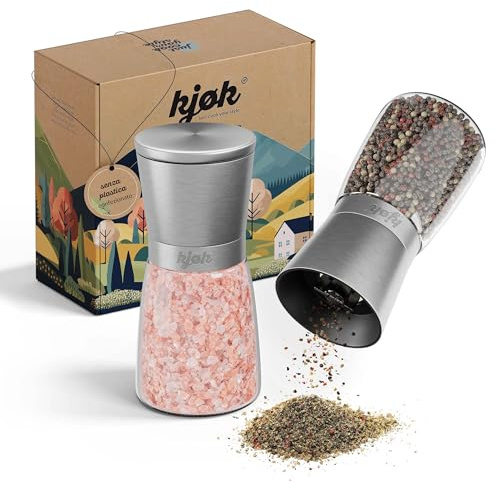 kjøk Premium Salz- & Pfeffermühle 2er-Set – Edelstahl & Glas, Keramik | Zwei manuelle Gewürzmühlen mit verstellbarem Mahlwerk fein bis grob – spülmaschinenfester Glasbehälter, ohne Inhalt
