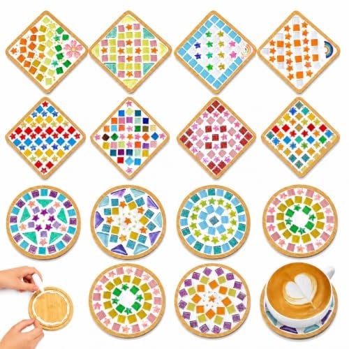 14 Sets DIY Mosaic Coaster Kit, Mixed Color Glass Tile Coaster for Adults | Glass Tile Coaster Craft Kit with Wooden Coaster, 7 Round and 7 Square DIY Coaster for Home Decor and Handmade Gift