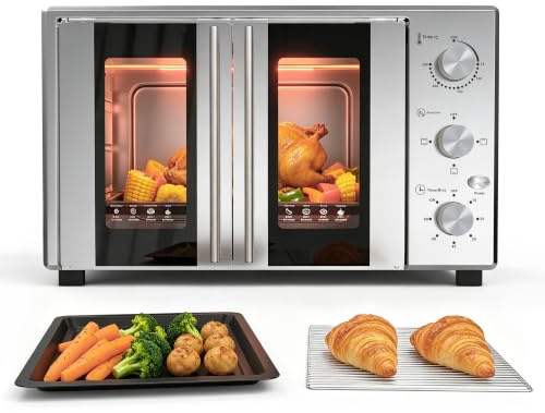 GTKZW Mini Four Électrique 38L, Four Posable Double Porte 1600W | 3 Modes de Chauffage, Thermostat Réglable 250°C, Minuteur 60 min, Four à Pizza pour Pâtisserie, Poulet Rôti, Repas Familiaux