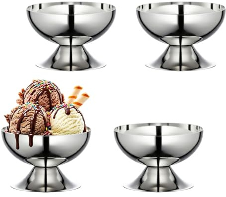 DBAATTZ 4 Stück Eisbecher, 10cm Runde Edelstahl Dessertschale, Eisschalen Eiscreme Dessertgläser mit Hohe Fuß, Dessertgläser mit Fuß zum Servieren von Eis, Pudding und Obst