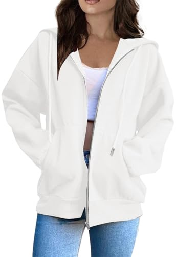 Womens Sweatshirt with Pockets Long Sleeve Hooded Fleece Jacket Warm Oversized Zip Up Hoodie
