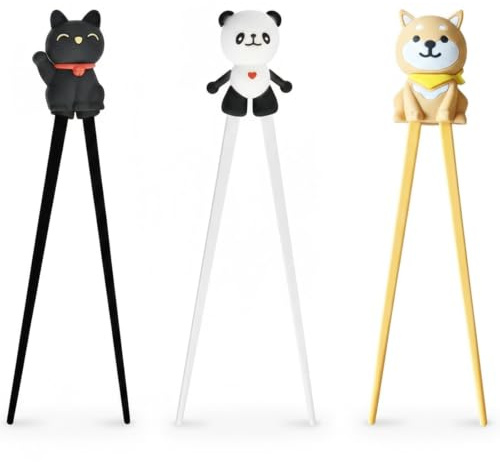 3-Pair Training Chopsticks for Kids, Cute Animal Chopsticks Set with Panda, Lucky Cat and Shiba Inu, Reusable Chopsticks for Beginners