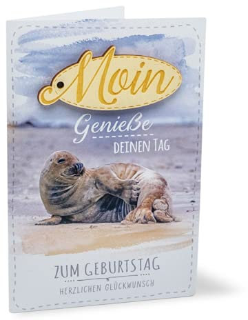 KE - Premium Geburtstagskarten Set mit Umschlag, Maritim Glückwunschkarte, Genieße deinen Tag Karte, Moin Holz Anhänger, Klappkarte - Motiv: Robbe