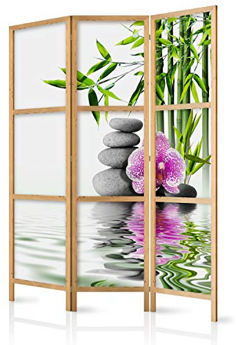 murando - Paravent Raumteiler Holz Spa Blumen, 135x172 cm, 3-teilig, modern | Mobiler Sichtschutz, sofort einsatzbereit, Holzrahmen, ideal fürs Wohnzimmer oder Büro, geruchsneutral, lichtbeständig
