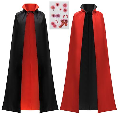 Spooktacular Creations Disfraz de Vampiro Drácula Unisex para Adultos Capa Reversible Cuello Negra Roja Cicatriz de Tatuaje para Halloween Cosplay
