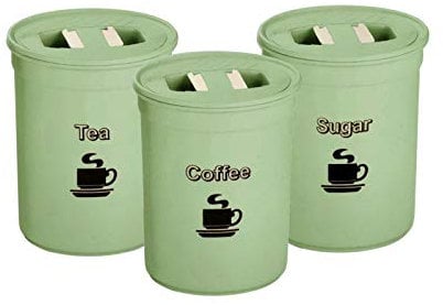 3 Piece Tea Coffee Sugar Canister Set 850ml Plastic Round Tea Coffee Sugar ContainerTin Airtight Storage Jars Set (Green)