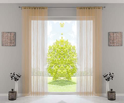 2er Set Fadengardine, HxB 250x140 cm, Sand mit Tunneldurchzug und eingenähtem Kräuselband, geeignet für Gardinenstangen und Gardinenschienen Fadenvorhänge Fadenstores Raumteiler, 20303CN2