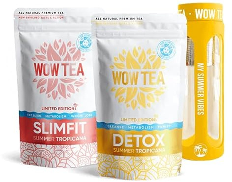 WOW TEA Sommer Schnell wirkender und Diät-Tees : Sommer Detox 21-Tage Tee | Sommer-Schlankheitstee | Reinigungsset mit exotischem Kräutertee & Infuser-Flasche | 300g, 550ml, Made in EU