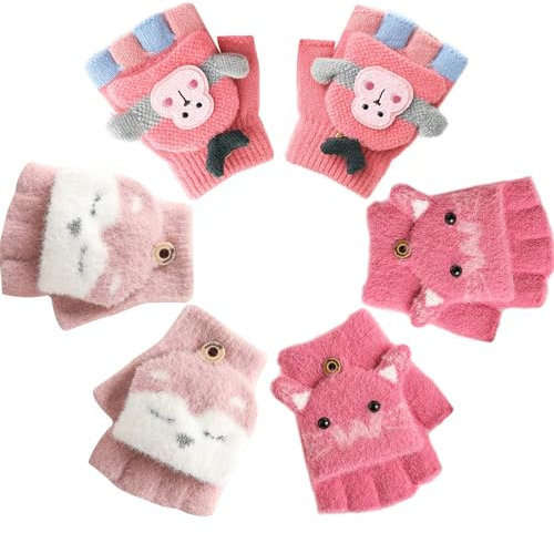 Zoonvii 3 Paar Kinder Halbfinger Handschuhe,Fingerlose Handschuhe Kinder,Fäustlinge mit Knopf Klappe,Halbfinger Fingerlos Strickhandschuhe,Handschuhe Kinder 2-8 jahre, Kinder Handschuhe Winter