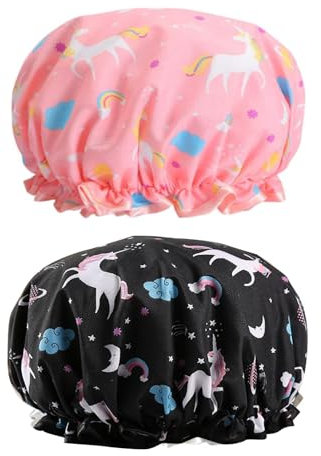 2 Pack Unicorn Shower Cap for Kids & Teens Waterproof Bath Cap for Shower, Bath, Spa Hair Care Soft Elastic Double-Layer Design, Cute & Durable Sower for girls and boys (Colorful)