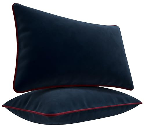 Blau Marité Kissenbezüge 30x50 cm – 2er Set aus weichem Samt – Dekokissen mit kontrastierendem Rand – Dunkelblau & Bordeauxrot – Ohne Füllung