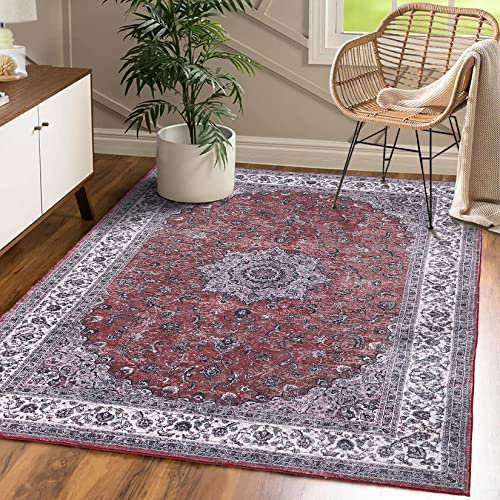 CAROMIO Groß Teppich Tohnzimmer, Traditioneller Marokkanischer Vintage-Teppich mit Medaillon im Distressed-Stil, Klassisch Boho Antik Weich Flach Wohnzimmerbereich Schlafzimmer Flur 140 x 200 Rot