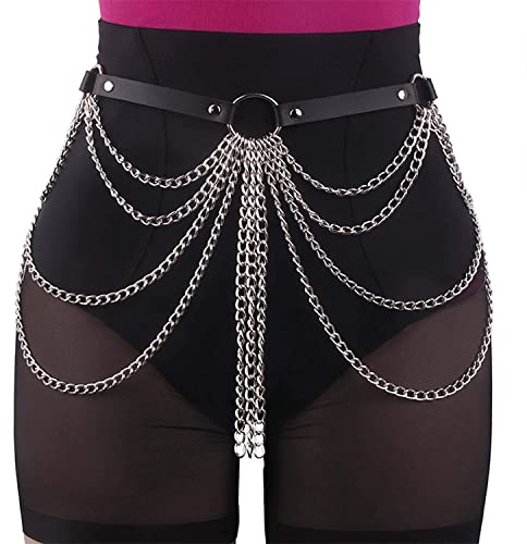 Crazy Bean Punk KettengüRtel Taille KöRperkette GüRtel Schwarz Leder Taillenkette GüRtel Verstellbare TaillengüRtel füR Rock Rave Damen MäDchen（C）