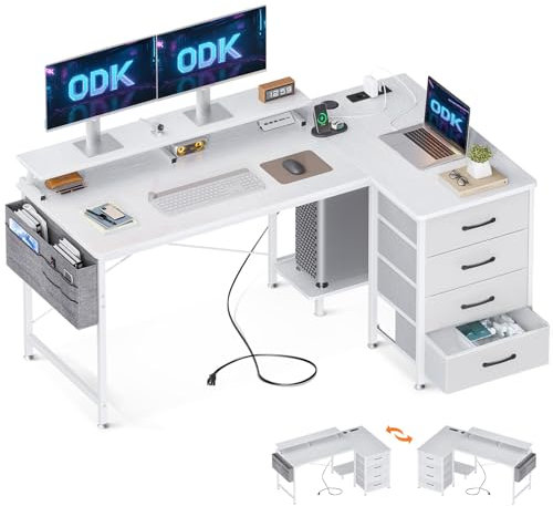 ODK Eckschreibtisch mit 4 Stoff Schubladen, 140x80cm Schreibtisch L Form Reversibler mit USB-Ladeanschluss und Steckdose, L förmiger Schreibtisch mit Monitorablage für Homeoffice, Weiß