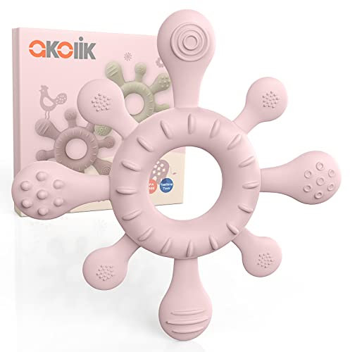 akolik Beißring für Babys, Baby Zahnen Spielzeug aus Silikon, Ruder Greifling Beißspielzeug, BPA-frei Zahnen Nursing Zubehör für 3+ Monate Babys Kleinkinder (Rosa)