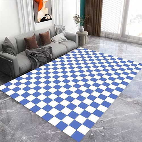 Waschbare Teppiche Autdoorteppich Wohnzimmer Teppich Blau Dichte Kleine Karierte Muster Weiche Teppiche Schlafzimmer 140X200Cm Teppich Für Küche Blau